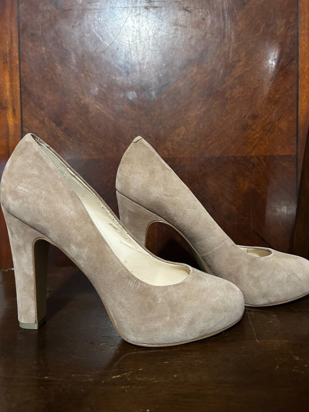 Nine West Taupe Suede Platform Block Heel Pumps 8.5